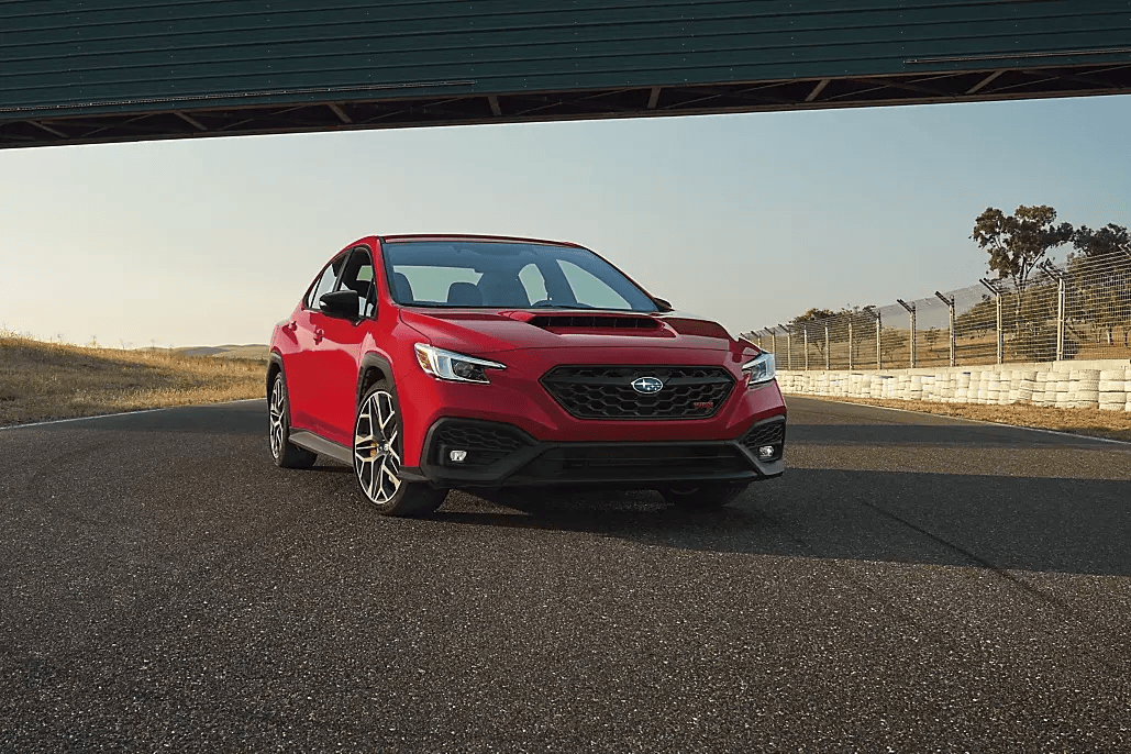 Red 2026 Subaru WRX tS on the road
